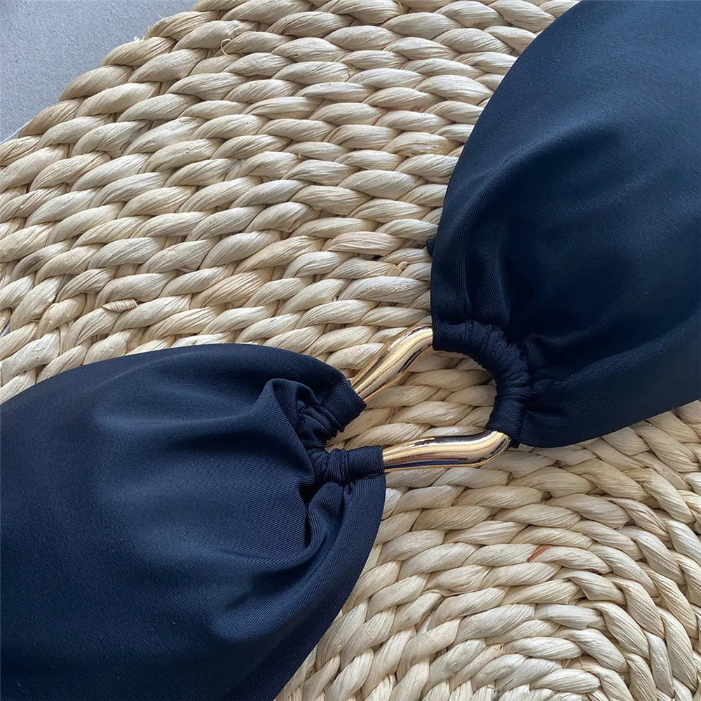 Solid Pink Bandeau Micro Bikini Thong Metal Ring Sexy Swimsuit Women Holiday Ladies Swimwear High Cut Bathing Suit Bikinis Sets