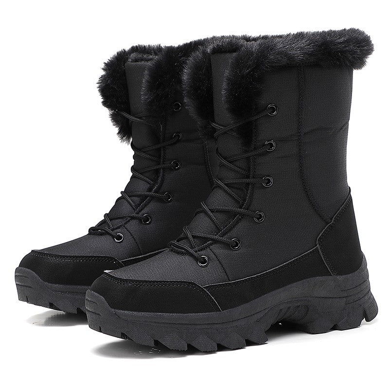 2025 Women's Snow Boots Beige Lace-up Waterproof Antiskid Female New Ankle Boots Walking Shoes plush Winter Warm Mid-Calf Boots