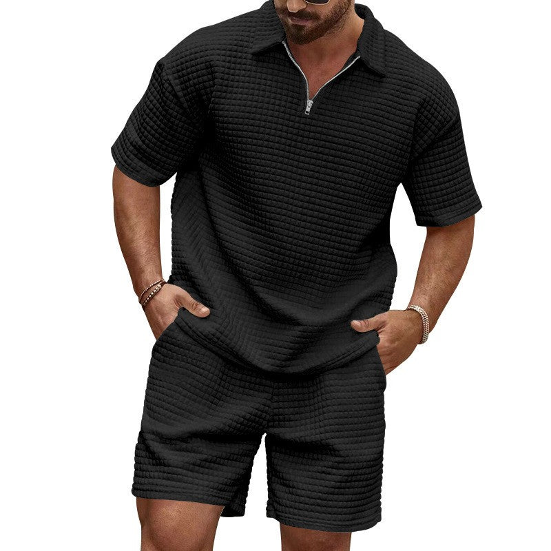 2024European and American Men's Spring and Summer Trends Youth Outdoor Lapel Small Plaid Short Sleeve Shorts Sports Suit
