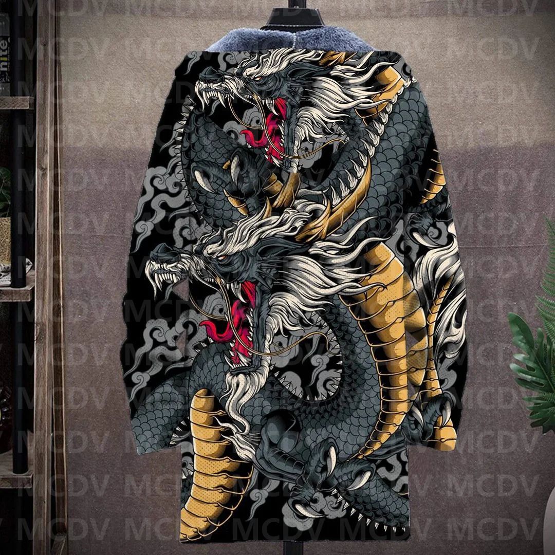 Men's Retro Print Plush Thick Long-Sleeved Coat Cardigan Dragon 3D Prined Fleece Hooded Overcoat Unisex Thick Warm Jacket