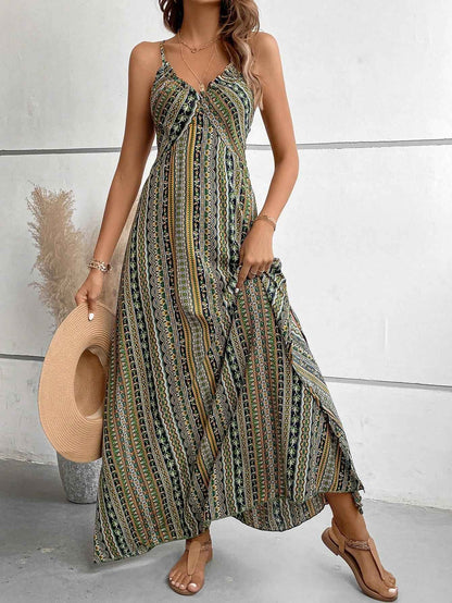 Women's Summer Ethnic Pattern Backless Split Thigh Dress Ladies Summer Clothes Boho Fashion Frill Trim Long Dress for Beach