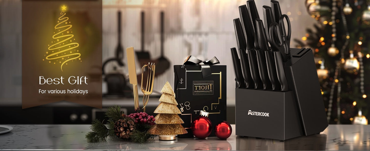 Conjunto de Facas de Cozinha Astercook com Bloco Amolador Embutido, Próprio para Lava-Louças, Conjunto de Bloco de Facas de Aço Inoxidável Alemão de 15 Peças