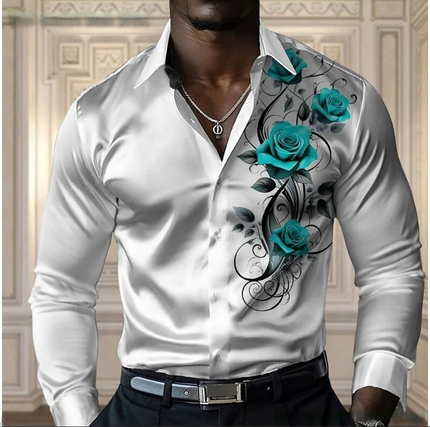 High-end men's rose shirt, casual and comfortable button-down long-sleeved shirt, fashionable four-season shirt, plus-size desig
