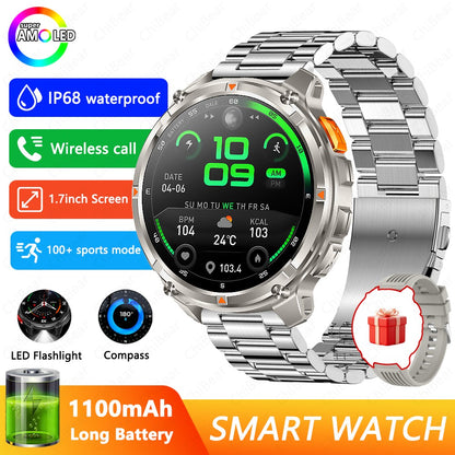 Relógio Inteligente Militar para Homens, Bateria de 1100mAh, Bússola, Monitor de Fitness, Tela AMOLED HD, Chamada BT, Smartwatch para Android IOS