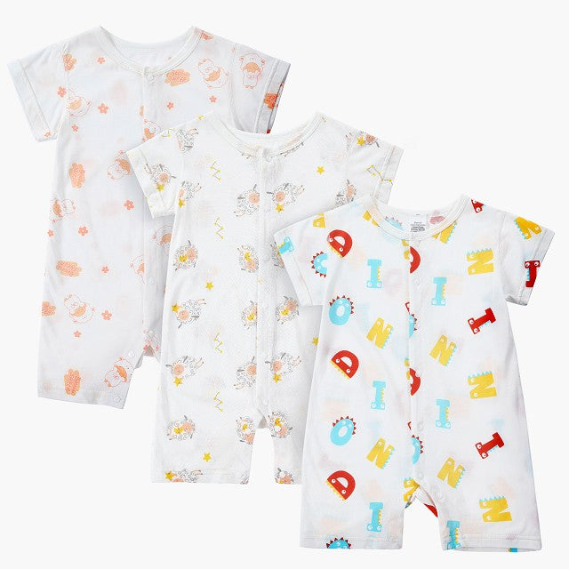 MICHLEY 3pcs Baby Short-Sleeve Rompers Long-Sleeve Jumpsuit Bodysuit Soft White Cartoon Infant Clothes Overalls  For Boys Girls