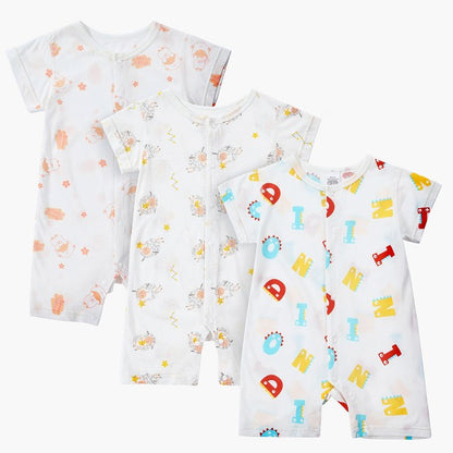 MICHLEY 3pcs Baby Short-Sleeve Rompers Long-Sleeve Jumpsuit Bodysuit Soft White Cartoon Infant Clothes Overalls  For Boys Girls