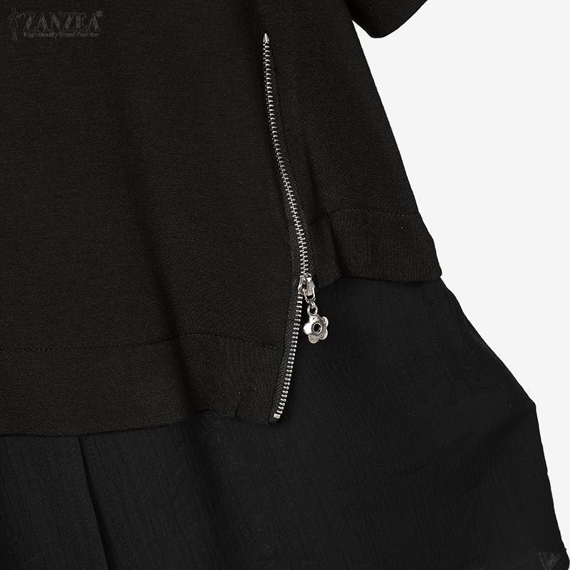 ZANZEA Women Summer Patchwork Blouse 2025 Casual O Neck Short Sleeve Tops Blusas Fashion Elegant Work Shirt Mujer Female Chemise