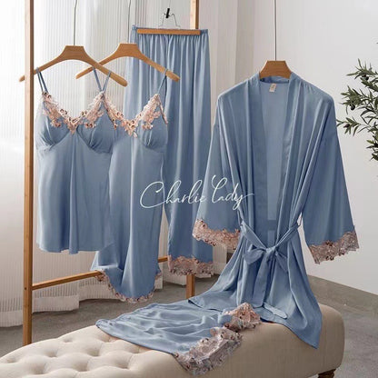 Women's Ice Silk Nightgown Set - Spring/Fall Long-Sleeve Robe Sexy Pure Desire Style with Padded Strapless Nightdress and Pants