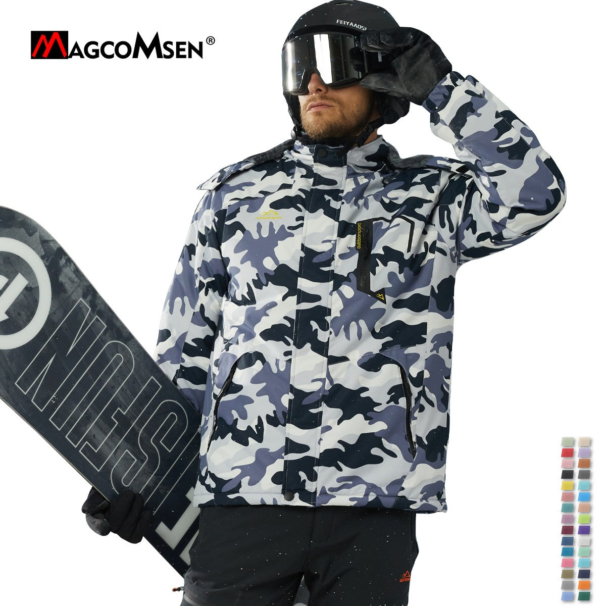 MAGCOMSEN Fleece Ski Jacket Men's Hooded Waterproof Thermal Thick Warm Camo Parka Removable Hooded Coats Winter Snowboard Anorak