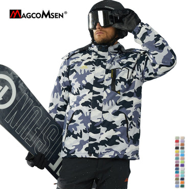 MAGCOMSEN Fleece Ski Jacket Men's Hooded Waterproof Thermal Thick Warm Camo Parka Removable Hooded Coats Winter Snowboard Anorak