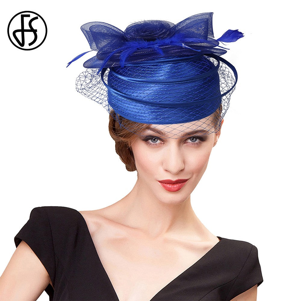 FS Casamento Igreja Chapéus Vermelhos Fascinadores Para Mulheres Com Véu de Pena Festa Coquetel Adorno de Cabeça 2025 Senhora Elegante Chapéu Kentucky Derby