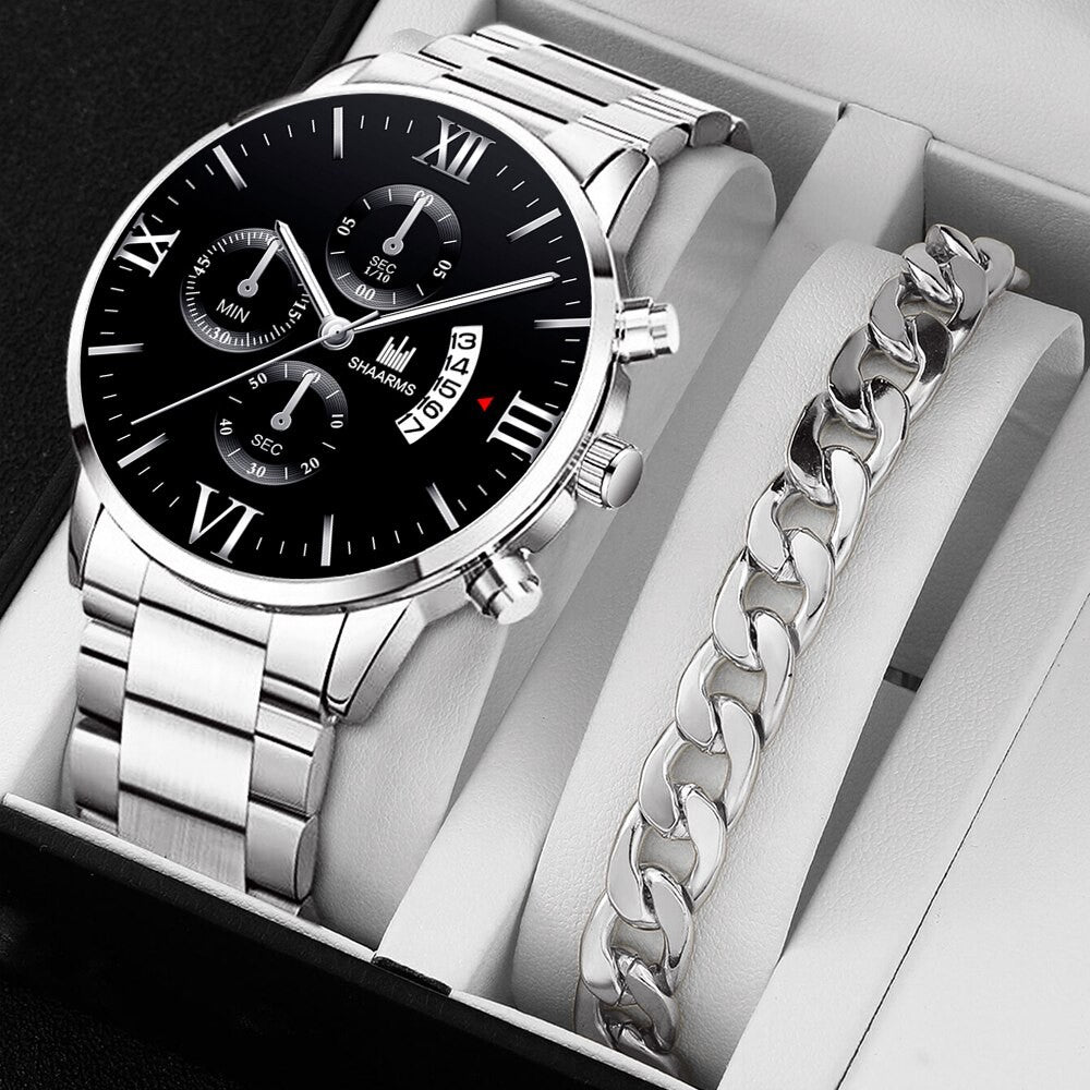 Mens Fashion Business Quartz Watch Fashion Fake Three Eye Six Pin Calendar Men Watch Stainless Steel Belt Men Watches