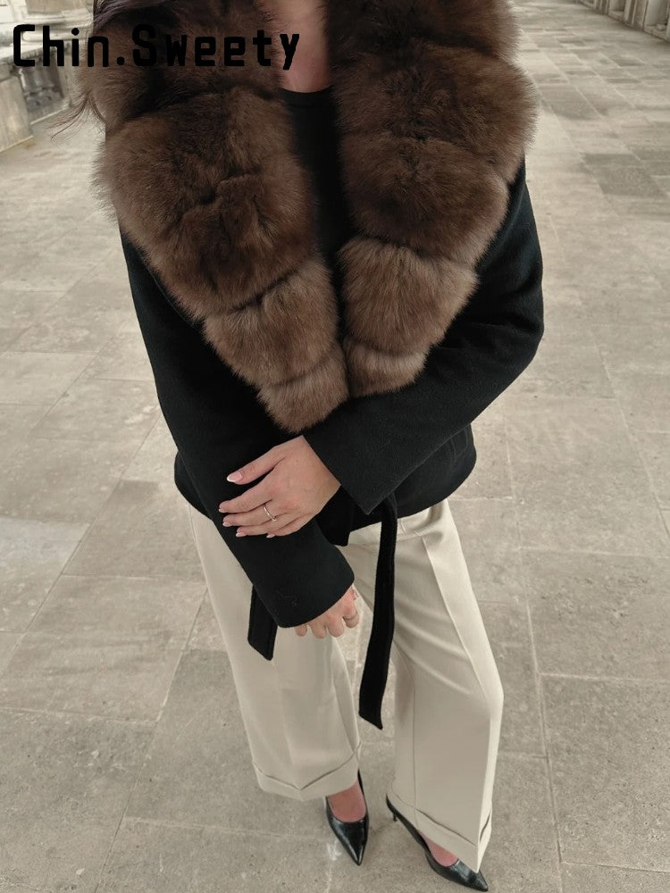 Fashion Fur Patchwork Short Warm Coat Women Lapel Lace Up Long Sleeve Coats Female 2025 Autumn Winter Lady Outwears New