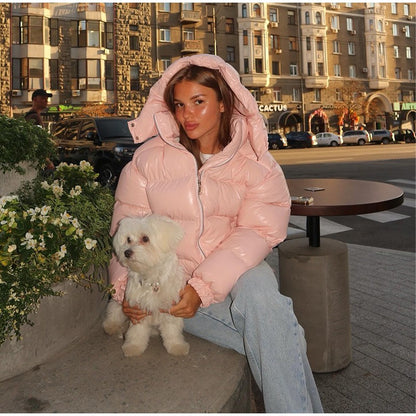 Fashion Glossy Padded Jacket Women's Solid Turtleneck Long Sleeve Warm Down Coat 2025 Autumn Winter New Lady Casual Outerwear