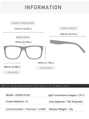 KDEAM PLUS Large Size Men's Sunglasses Polarized Photochromic Night Vision Square Sun Glasses Fashion Women Goggles Width 154mm