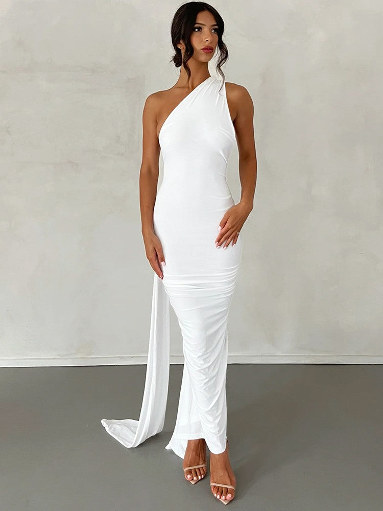 Hugcitar One Shoulder Backless Adjustable Scarf Loop Ruched Sexy Maxi Dress Wome
