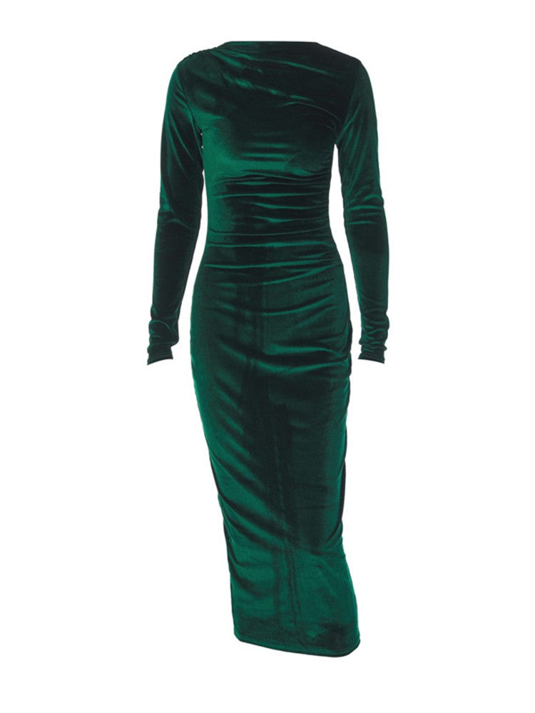 Dulzura 2024 Spring Summer Velvet Long Sleeve Midi Dress For Women Ruched Long D