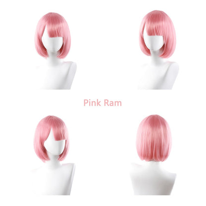 High-Quality Anime Ram Rem Cosplay Synthetic Hair 12-Inch Blue And Pink Short Halloween Daily Party Heat-Resistant Wig Natural