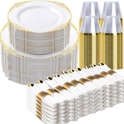 700PCS Gold Plastic Plates for 100 Guests Disposable Dinnerware Sets Include 200 Gold Rim Plastic Plates 100 Silverwares 100 Cu