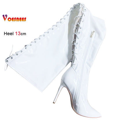 13CM Thin Heel Black Lace-up Over the knee Boots Woman Fetish Pointy Toe Boots Elastic Leather Thigh High Sexy Women Party Shoes