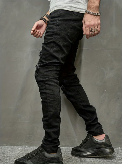Men's slim fit jeans with torn holes, fabric patch, small feet, tight fitting denim pants