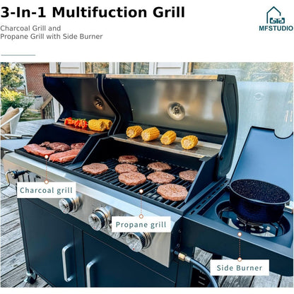 3 In 1 Gas and Charcoal Grill Combo with Side Burner, Porcelain-Enameled Cast Iron Grate, Extra Large Dual-Function BBQ Propane