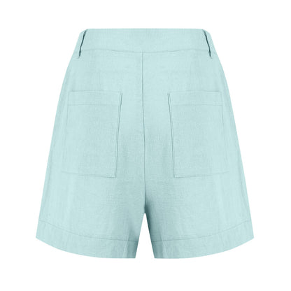 Cotton Linen Solid Shorts For Women Button High Waist Summer Loose Casual Pockets Shorts Female Pants Women Clothing