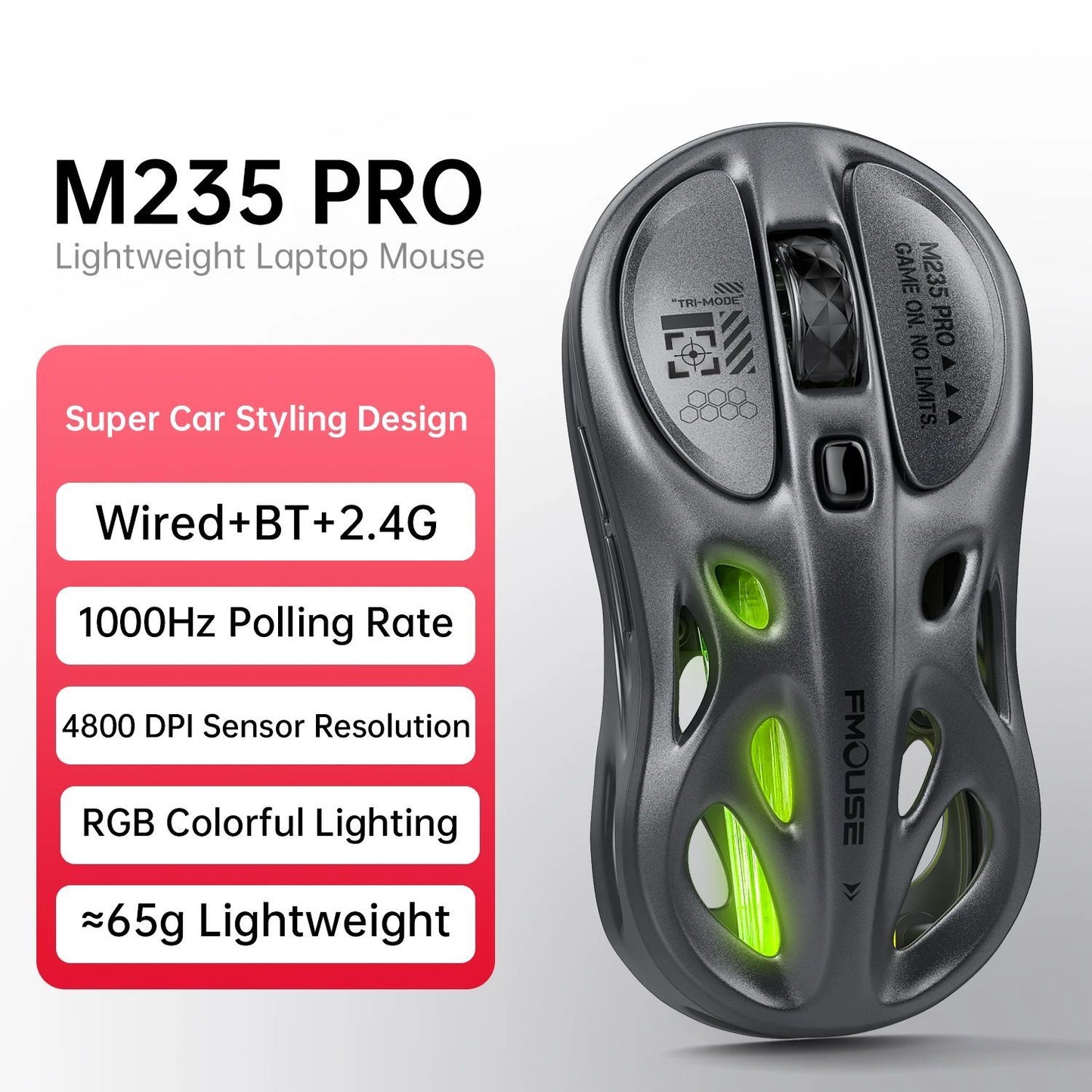 M235 Pro Lightweight Wireless Laptop Mouse BT/2.4G/Wired RGB 1000Hz Polling Rate Programmable Designed for Comfortable Office