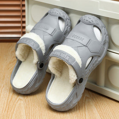 Big Size Winter Casual Men's Slippers Indoor Waterproof PU Leather Home Shoes Fur Flat Warm Fashion Bedroom Houseshoes