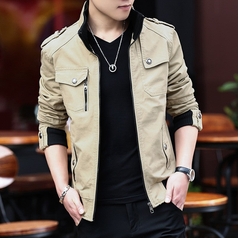 Korean Fashion Stand-up Collar Denim Cargo Coat 2023 Spring Autumn New Men's Jacket Men's Zipper Pocket Stitching Slim Jacket