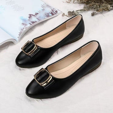 ??2025 Minimalist Square-Buckle Chain Flats Genuine Leather Slip-Resistant Cushioned Mom Loafers