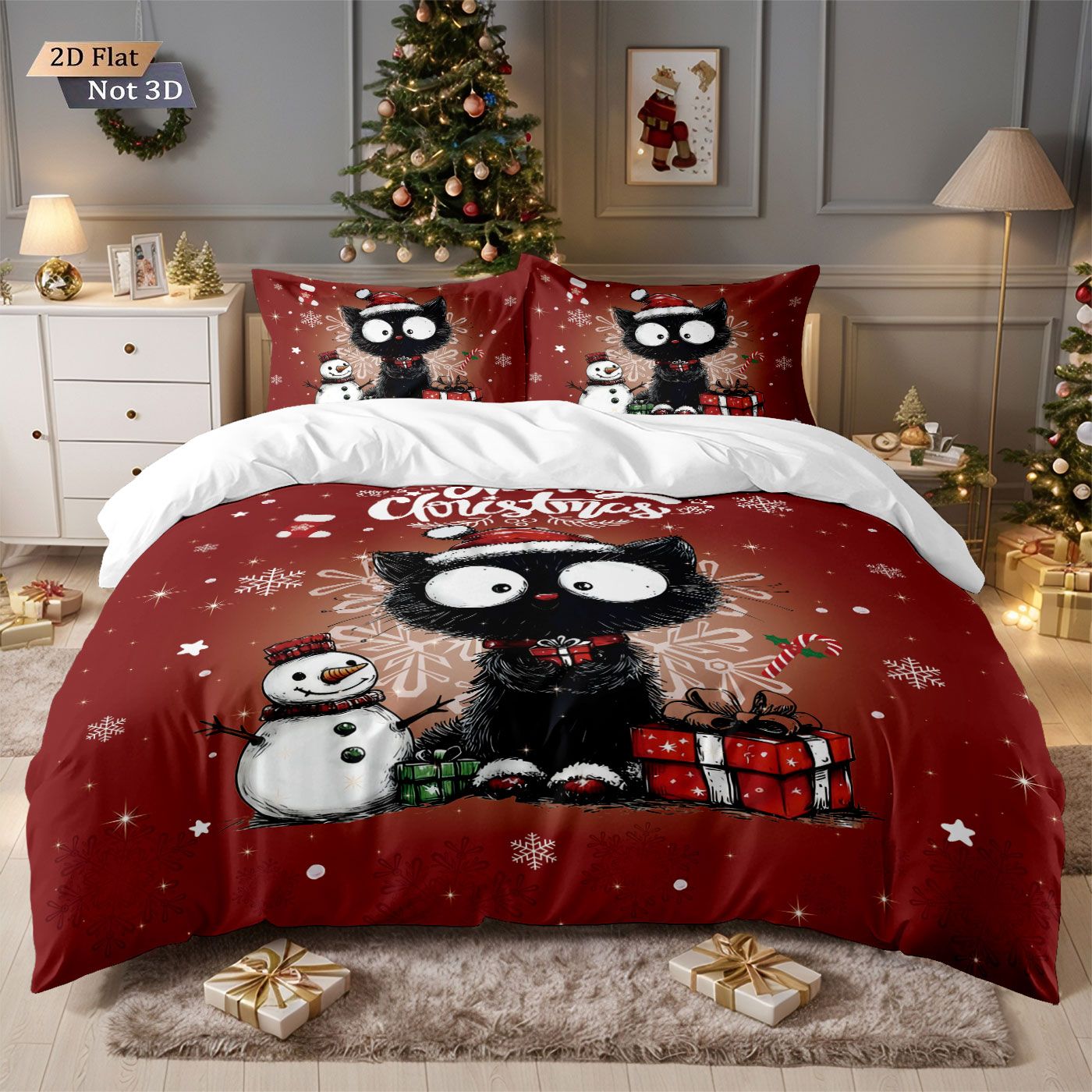 3pcs Christmas Cute Black Cat Print Choreless Bedding Set Multiple Size Bedroom Bedding Holiday Decoration Machine Washable