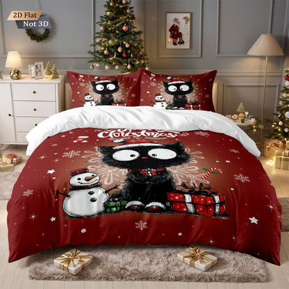 3pcs Christmas Cute Black Cat Print Choreless Bedding Set Multiple Size Bedroom Bedding Holiday Decoration Machine Washable