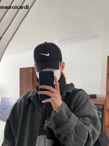 Mauroicardi Autumn Winter Long Warm Grey Black Slouchy Woolen Coat Men Single Breasted Loose Casual Wool Blends Overcoat 2023