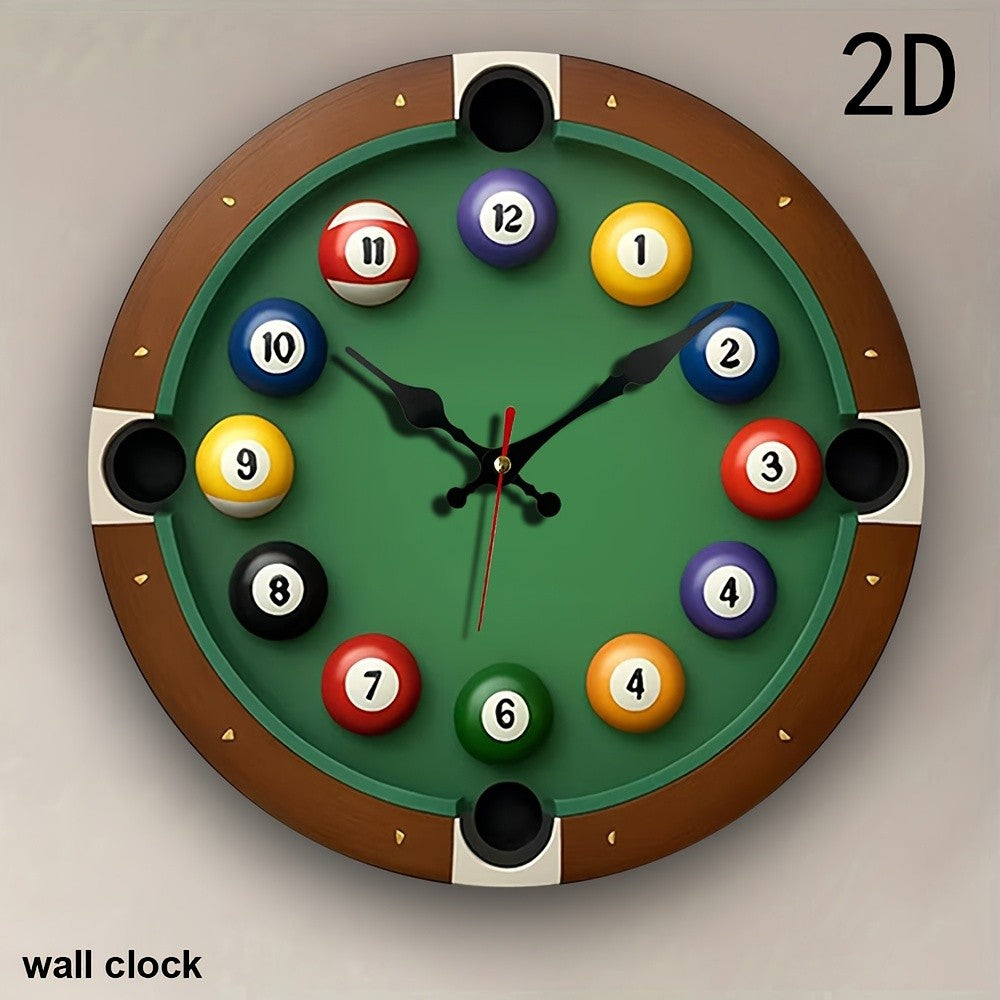Silent Non-Ticking Pool Table Design Wall Clock - Creative Billiard Balls & Cue Stick Numbers 1-12, Wooden Frame,  - Home Offic