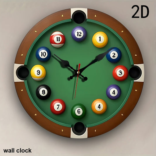 Silent Non-Ticking Pool Table Design Wall Clock - Creative Billiard Balls & Cue Stick Numbers 1-12, Wooden Frame,  - Home Offic
