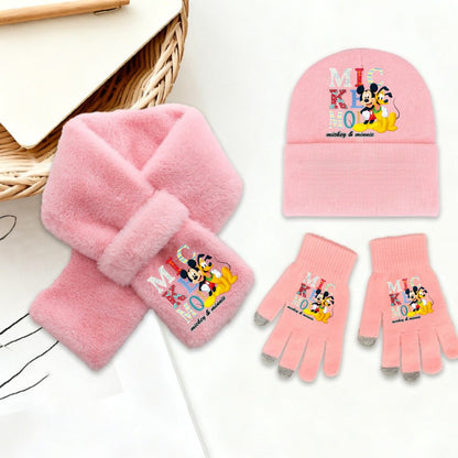 Disney Mickey Minnie 3 Peças Conjunto de Gorro Cachecol Luvas Quente e Macio para Meninas Crianças Moda Inverno Acessórios Casuais Presente de Aniversário Perfeito