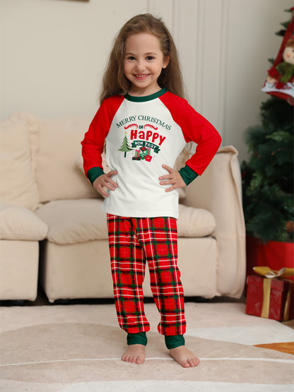 Christmas Kids Pajamas Set  "Merry Christmas Happy New Year" Print Raglan Sleeve Red White Green & Red Plaid Pants Sleepwear