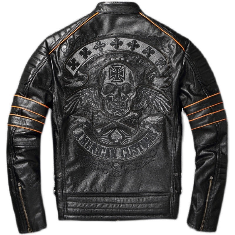 Men's Spring Original Leather Motorcycle Jacket 2025 Skull Embroidery Top Layer Cowhide Clothing Slim Fit Black Slim Male Coat