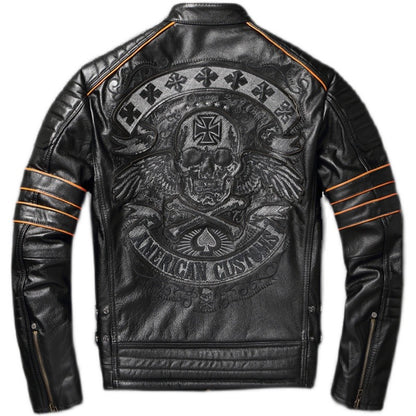 Men's Spring Original Leather Motorcycle Jacket 2025 Skull Embroidery Top Layer Cowhide Clothing Slim Fit Black Slim Male Coat