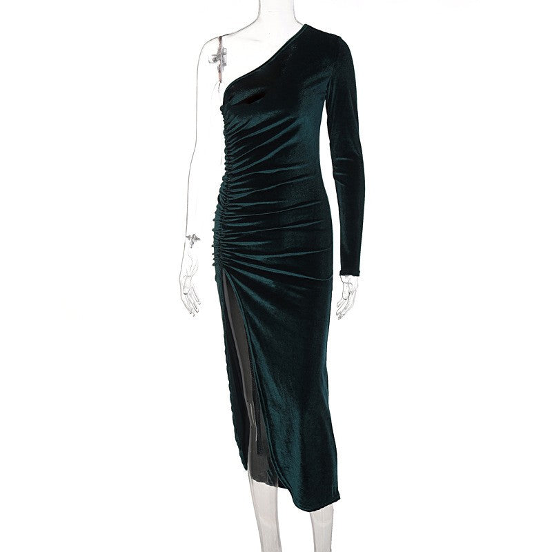 Women Elegant Long Sleeve Party Evening Velvet Bodycon Split Pencil Midi Dress S
