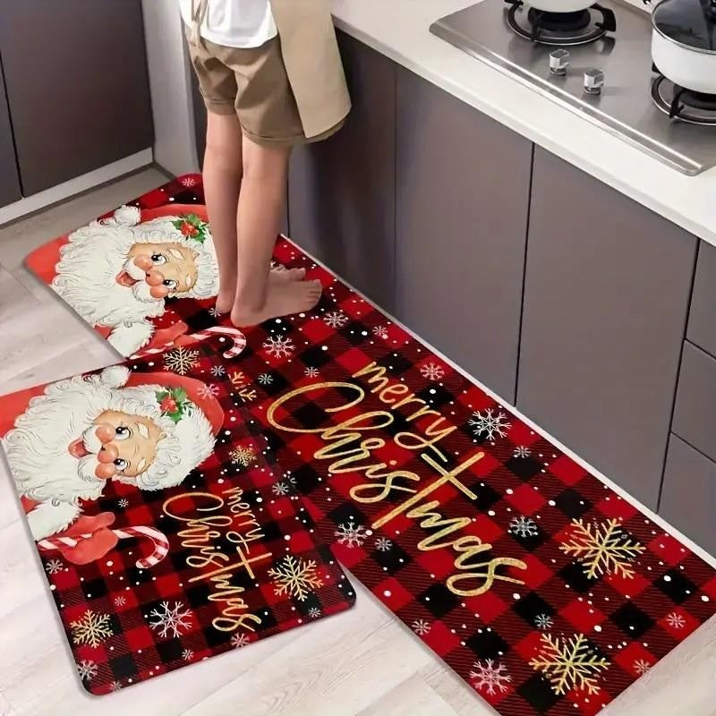 VIKAMA Christmas Eve Kitchen Snowflake Printed Floor Mat Anti-Slip Long Strip Set for Home Entry Area Household Decorative Rug