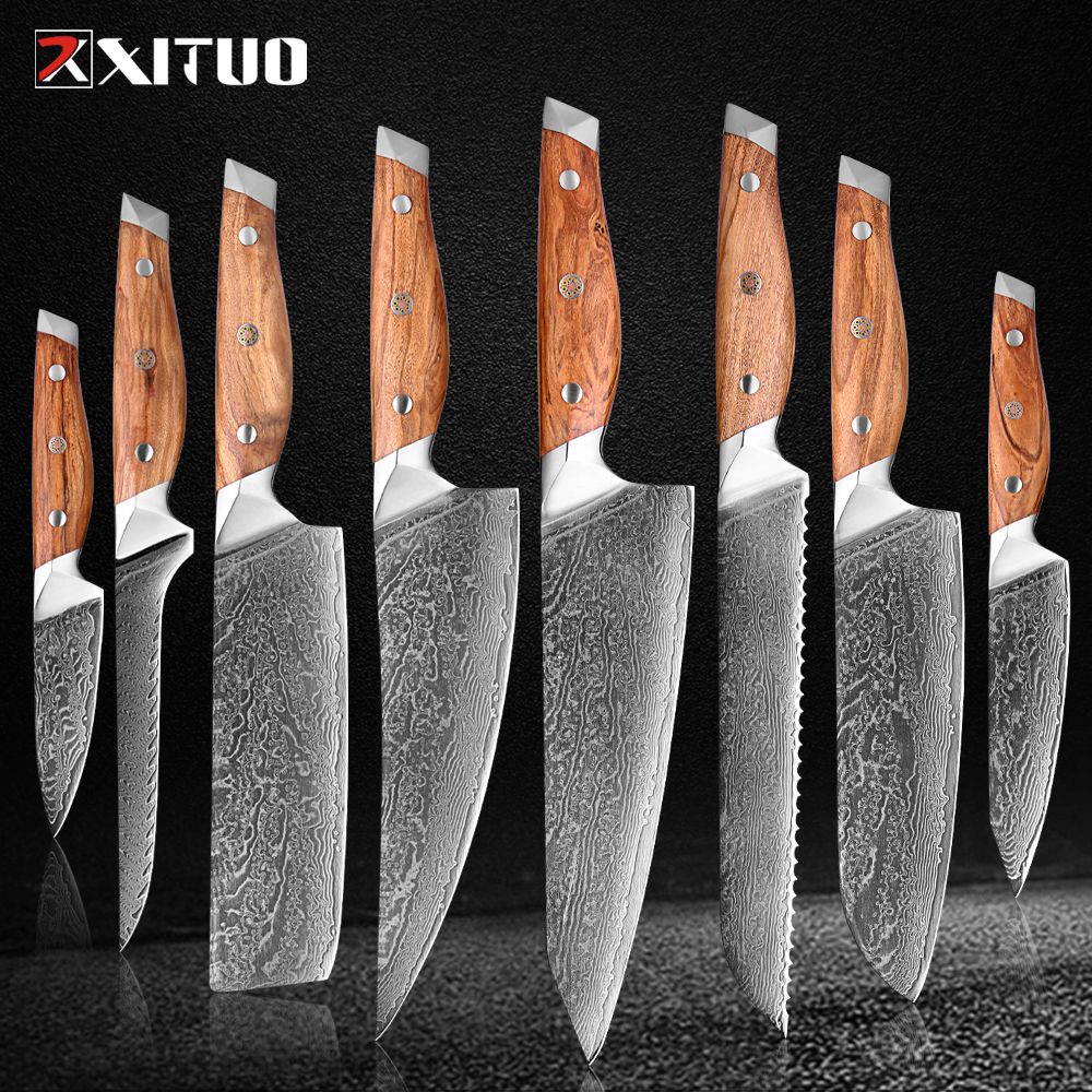 Conjunto de Facas de Cozinha Profissionais em Aço Damasco 1-8 Peças Faca Chef, Santoku, Cutelo, Pão, Desossar e Utilitárias - Afiadas como Navalha