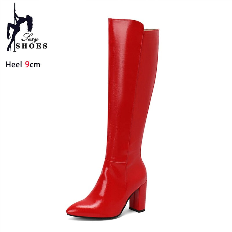 Sexy Women Knee High Boots Pointy Toe Chunky Heels 9CM Boot Large Size 44 45 46 With Zipper Winter Outdoors Leather Female Shoes