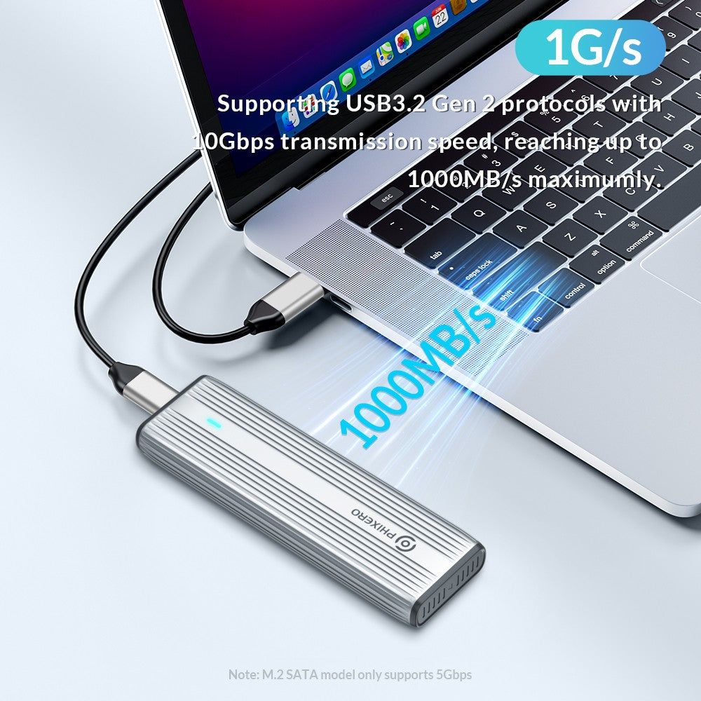 PHIXERO M.2 NVMe SATA SSD Enclosure Duplo Protocolo NVMe para Adaptador USB 10Gbps USB 3.1 Gen2 USB C Case Externo Liga de Alumínio