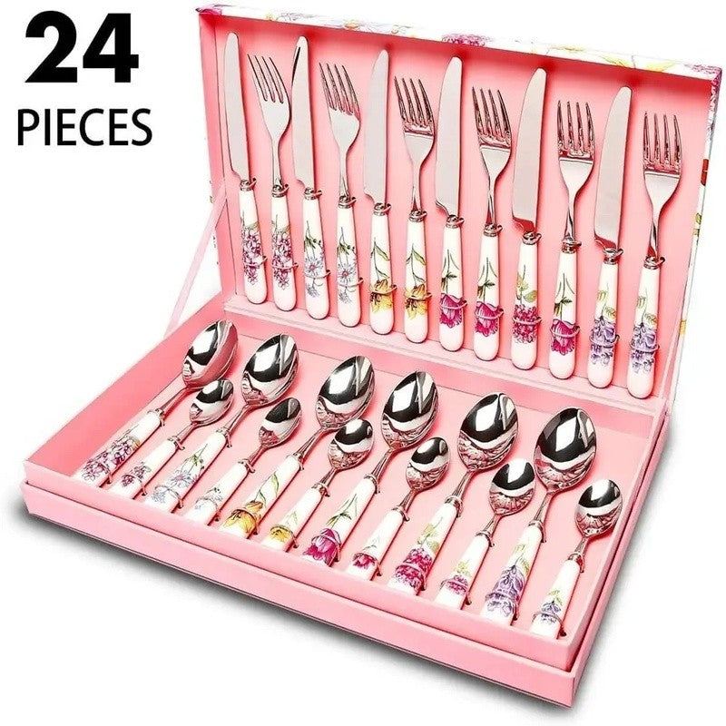 Conjunto de Talheres de 24 Peças com Cabo de Cerâmica e Facas, Garfos e Colheres de Aço Inoxidável em Caixa de Presente para Utensílios de Mesa e Jantar