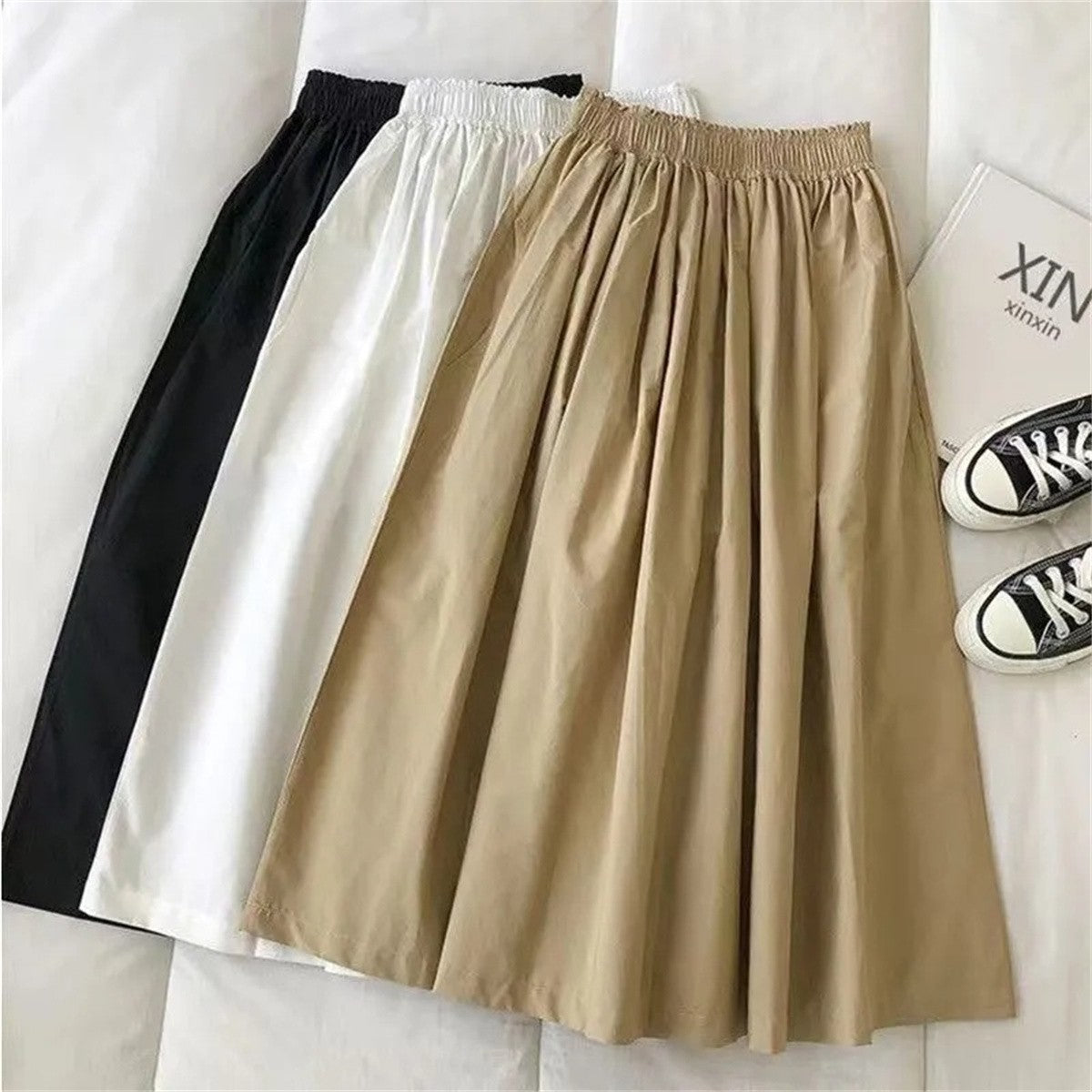 Women Solid Long Skirt Fashion Pockets Pleated Knee Length Skirts Autumn 2025 New Casual Elegant High Waist A Line Femme Skirts