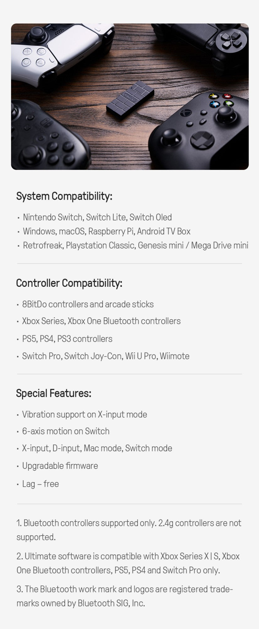8BitDo USB Wireless Bluetooth Adapter 2 Receiver for Nintendo Switch 1, 2 PS1 Raspberry Pi Mini PS4 Controller for PS5 Handle