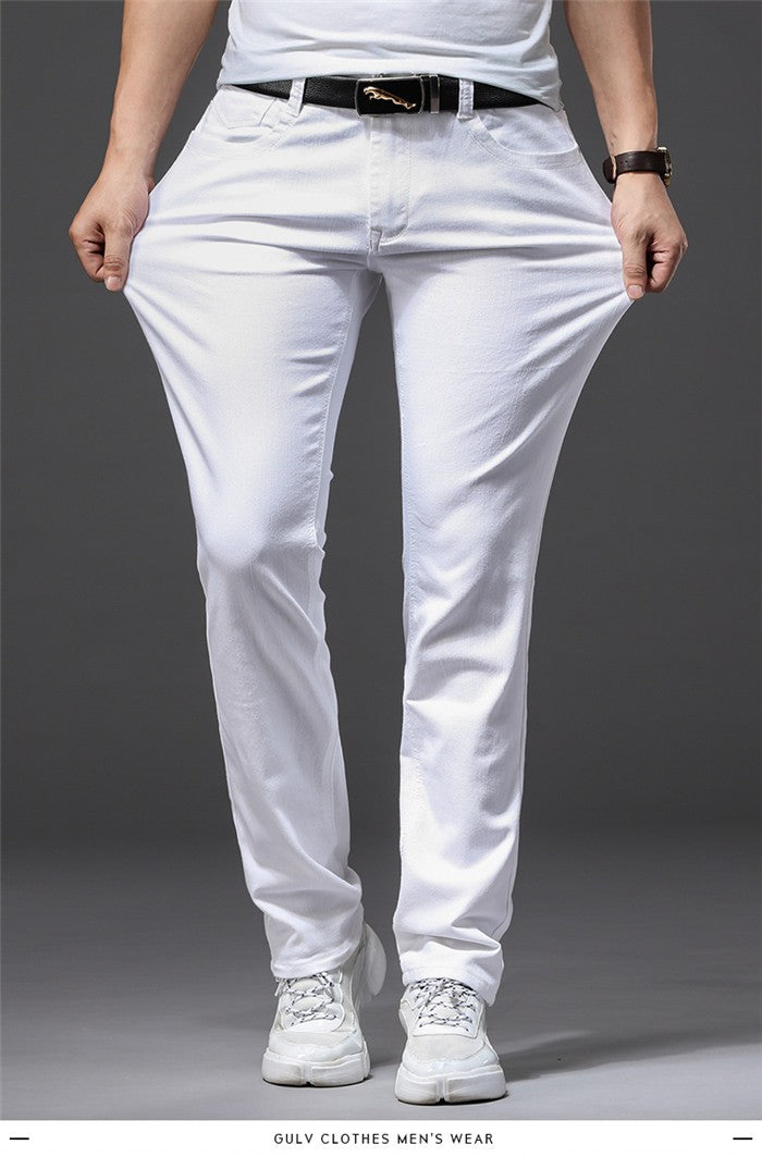 Calça Jeans Masculina Branca Casual Clássica Slim Fit Macia Marca Masculina Avançada Stretch