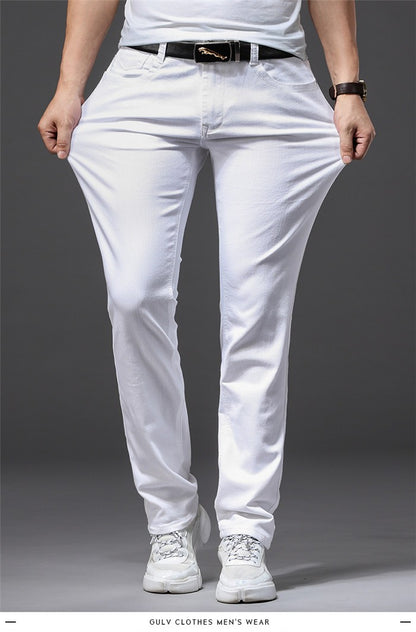 Calça Jeans Masculina Branca Casual Clássica Slim Fit Macia Marca Masculina Avançada Stretch